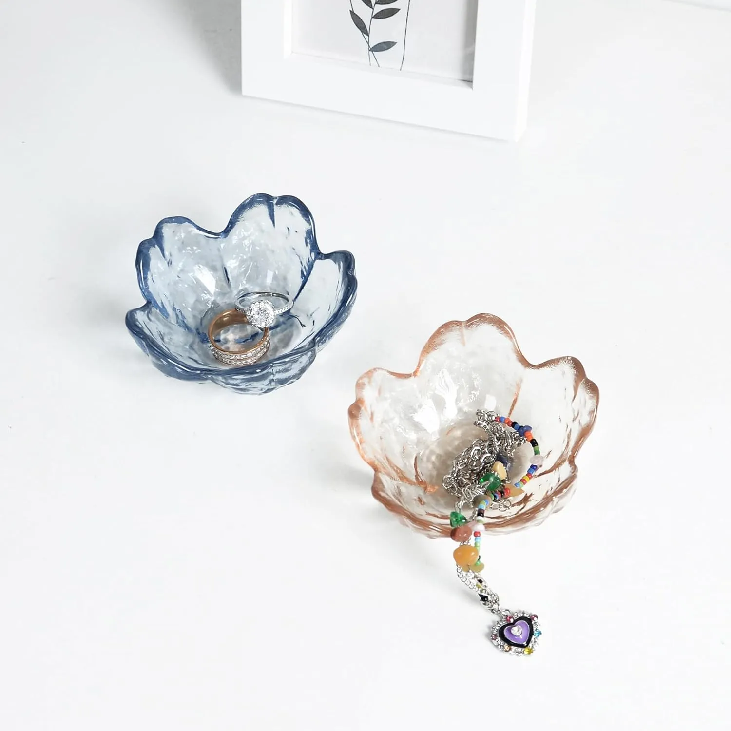 Crystal Amber Flower Ring Dish Jewelry Tray, Decorative Glass Trinket Dish, Modern Accent Tray for Vanity