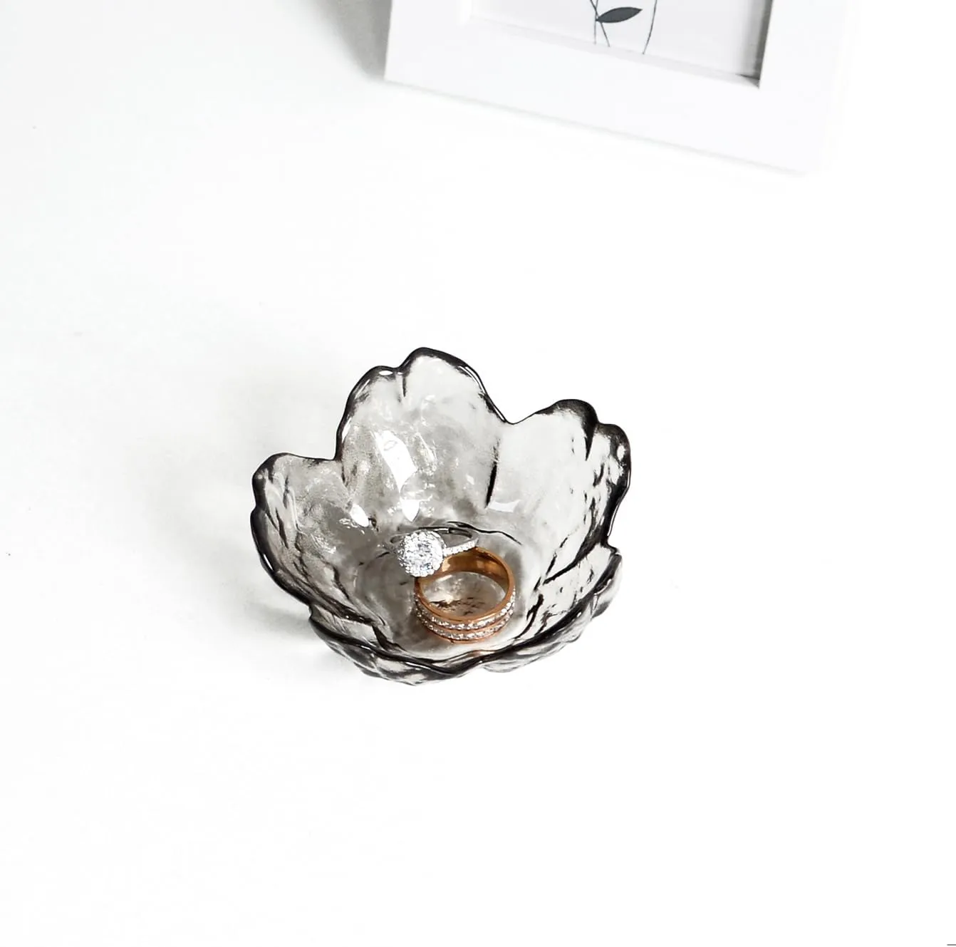 Crystal Black Flower Ring Dish Jewelry Tray, Decorative Glass Trinket Dish, Modern Accent Tray for Vanity