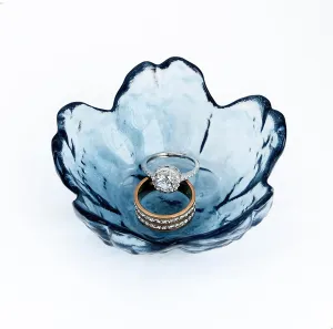 Crystal Blue Flower Ring Dish Jewelry Tray, Decorative Glass Trinket Dish, Modern Accent Tray for Vanity
