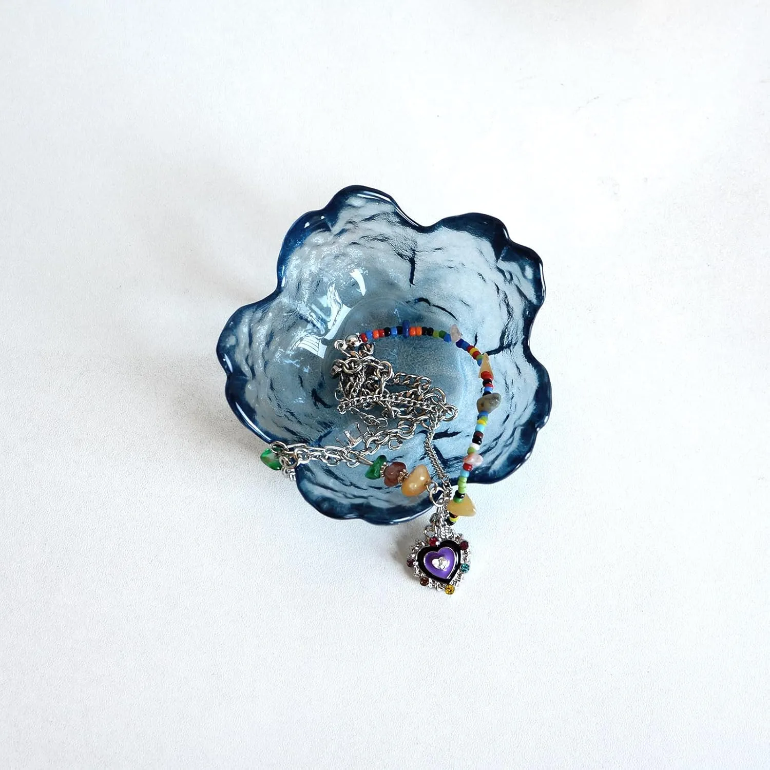 Crystal Blue Flower Ring Dish Jewelry Tray, Decorative Glass Trinket Dish, Modern Accent Tray for Vanity