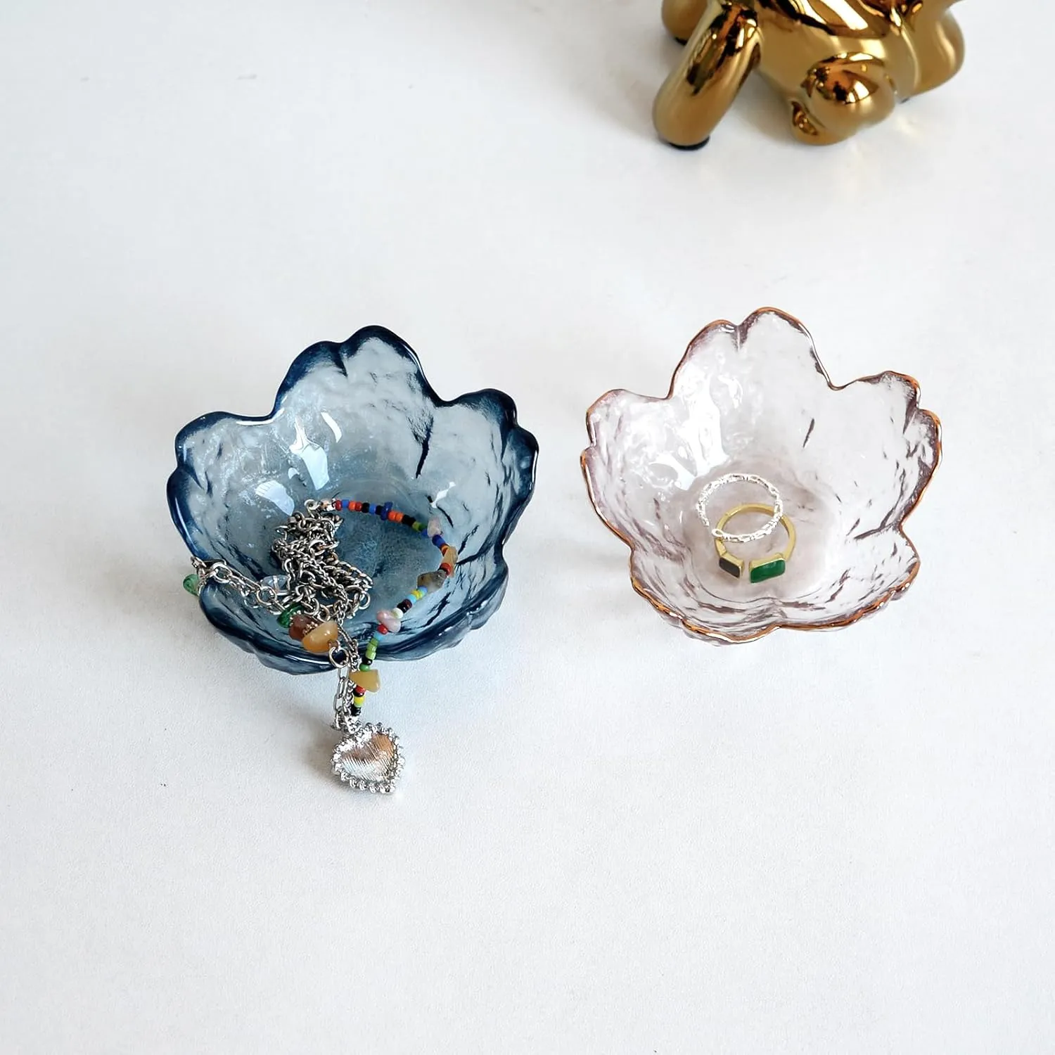 Crystal Blue Flower Ring Dish Jewelry Tray, Decorative Glass Trinket Dish, Modern Accent Tray for Vanity