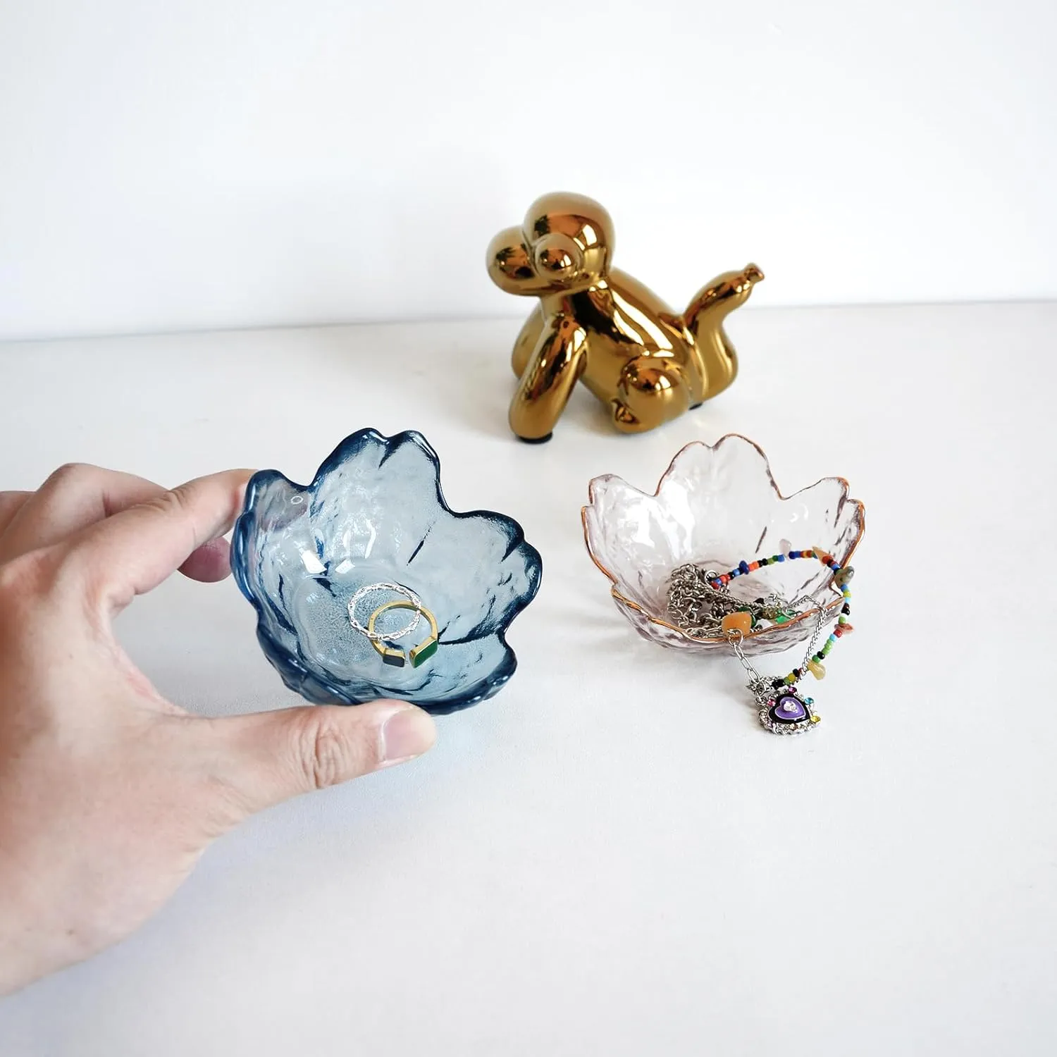 Crystal Blue Flower Ring Dish Jewelry Tray, Decorative Glass Trinket Dish, Modern Accent Tray for Vanity