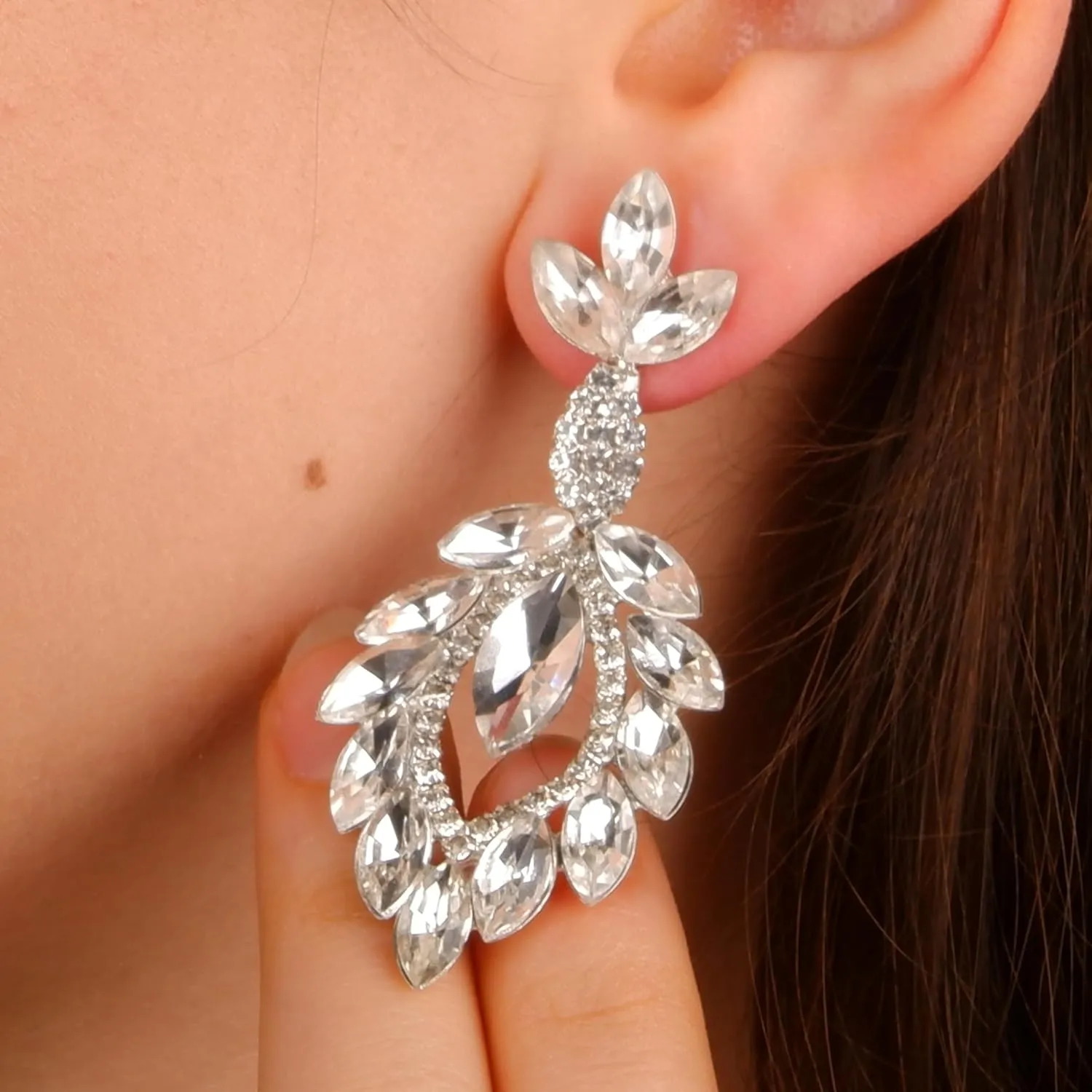 Crystal Stone Bridal Earrings with Modern Leaf Design | Women's Jewelry Gift for Bride, Bridesmaids, Prom and Wedding Parties