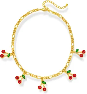 Cute Cherry Charm Necklace Gold Plated Chain With 5pcs Red Cherry Short Choker Necklaces For Women