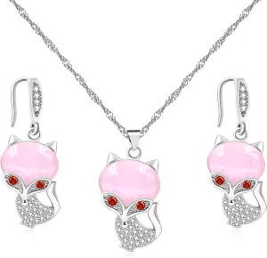 Cute Fox Shape Dangle Earrings and Pendant Necklace Set Inlaid with Shiny Zircon Auspicious Jewelry Gifts Valentine's Day Gifts for Women
