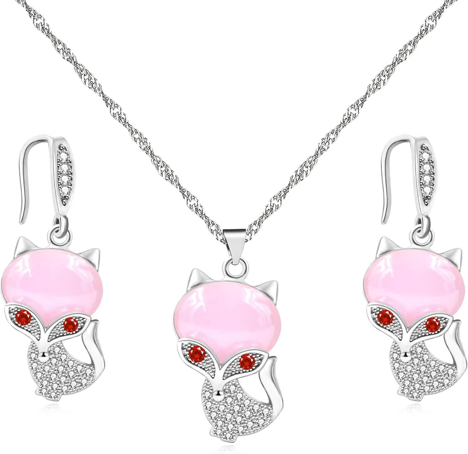 Cute Fox Shape Dangle Earrings and Pendant Necklace Set Inlaid with Shiny Zircon Auspicious Jewelry Gifts Valentine's Day Gifts for Women
