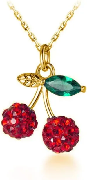 Cute Red Cherry Pendant Necklace for Women Girls 925 Sterling Silver Cubic Zirconia Paved Crystal Fruit Green Leaf Adjustable Chain Choker Necklaces Exquisite Jewelry Gifts for Her with Gift Box