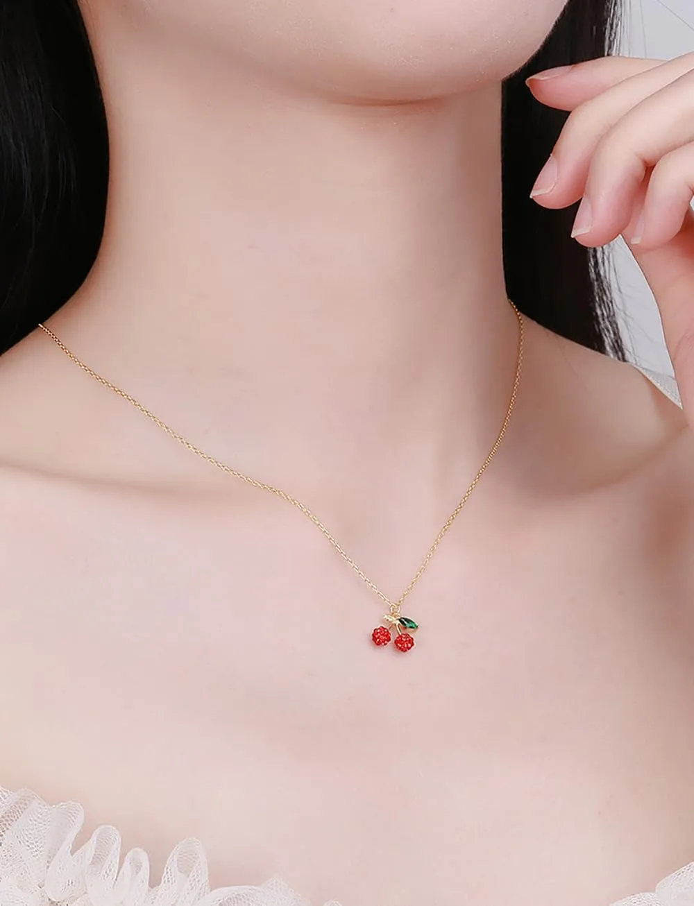 Cute Red Cherry Pendant Necklace for Women Girls 925 Sterling Silver Cubic Zirconia Paved Crystal Fruit Green Leaf Adjustable Chain Choker Necklaces Exquisite Jewelry Gifts for Her with Gift Box