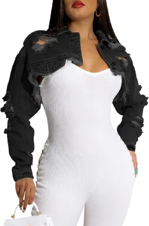 CutieLove Women's Cropped Denim Jackets Long Sleeve Destroyed Crop Top Casual Jean Coat