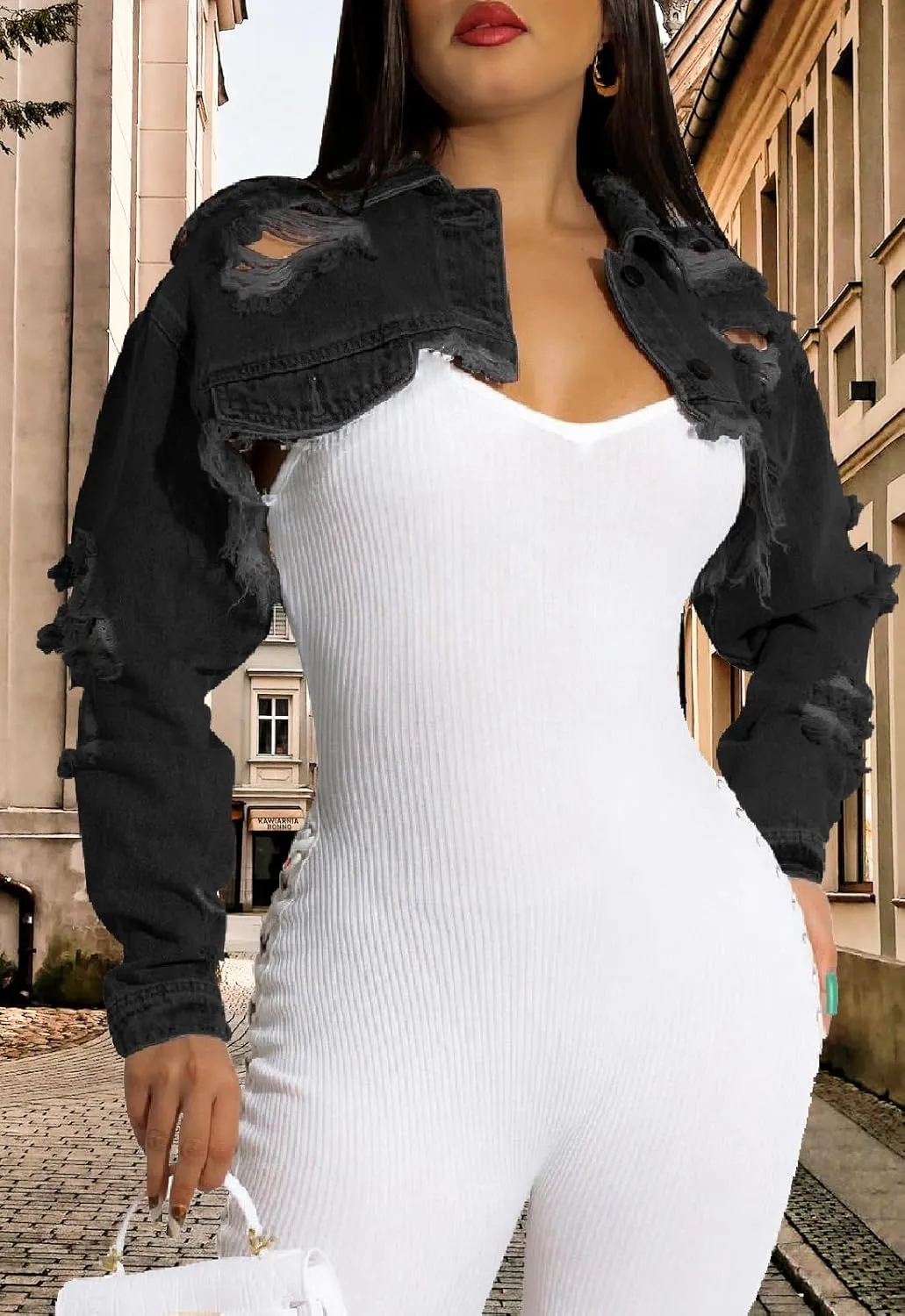 CutieLove Women's Cropped Denim Jackets Long Sleeve Destroyed Crop Top Casual Jean Coat