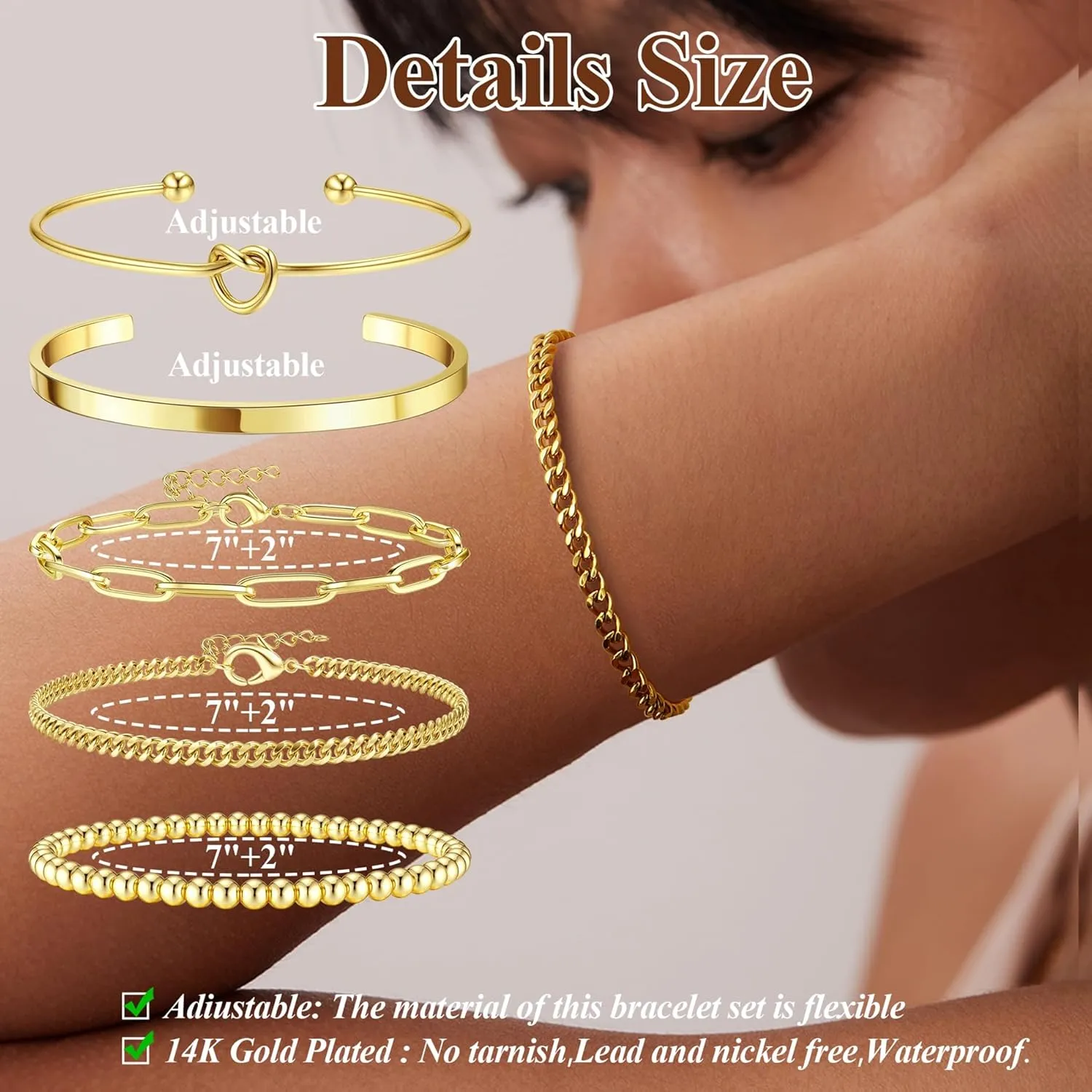 Dainty Gold Bracelets for Women - Trendy 14K Gold Bracelet Stack Set Non Tarnish Gold Beaded Bracelets 5PCS Stackable Waterproof Jewelry for Women Gold Adjustable Bracelet With 2" Extension