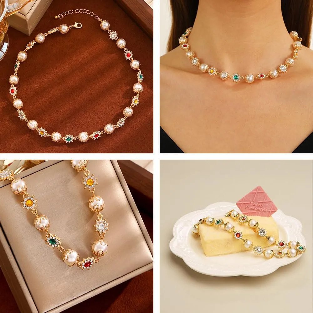 Daisy flower necklace for Women Cute Flower Necklace Exquisite Colorful Gemstones Pearl Daisy Necklace Fashion Jewelry for Women
