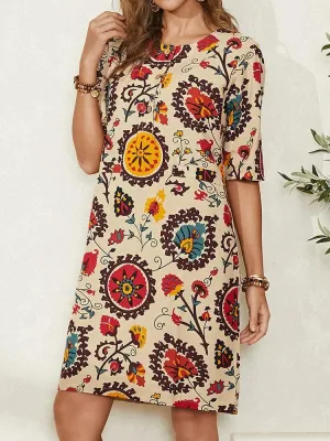 deanwangkt Ethnic Style Print Round Neck Bohemia Casual Midi Dress For Women