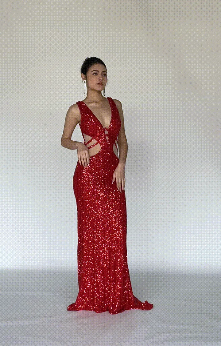 Deep V-Neck See-Through Cut-Outs Waist Mermaid Dress