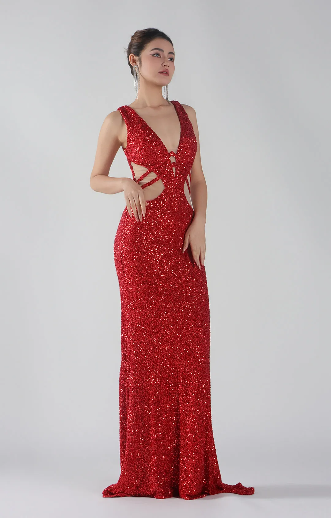 Deep V-Neck See-Through Cut-Outs Waist Mermaid Dress