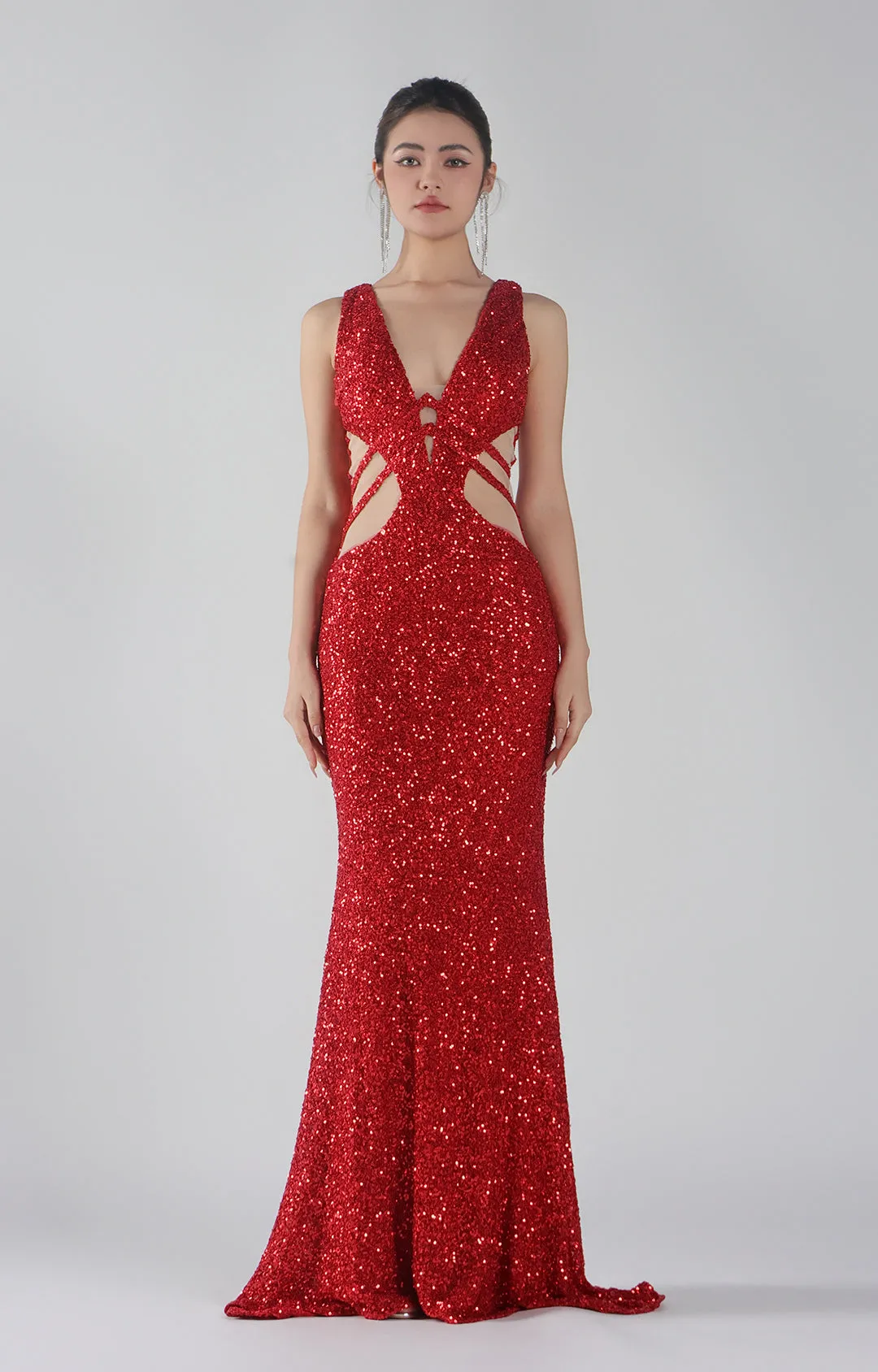 Deep V-Neck See-Through Cut-Outs Waist Mermaid Dress