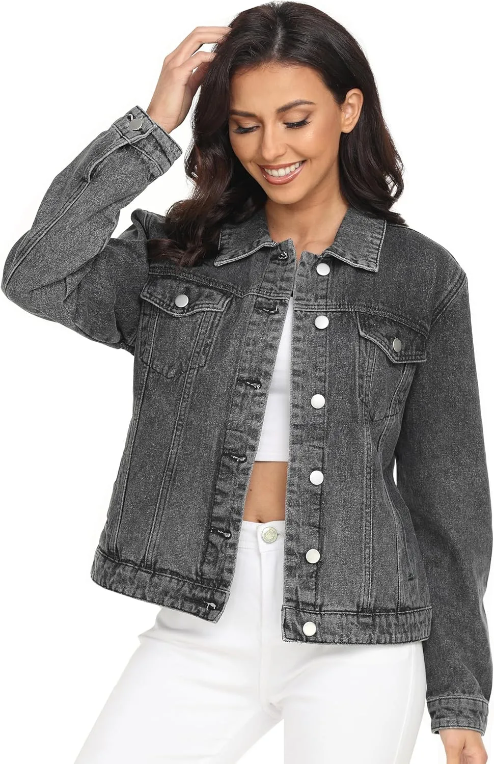 Dilgul Women's Denim Jacket Casual Long Sleeve Basic Button Down Denim Jean Jacket