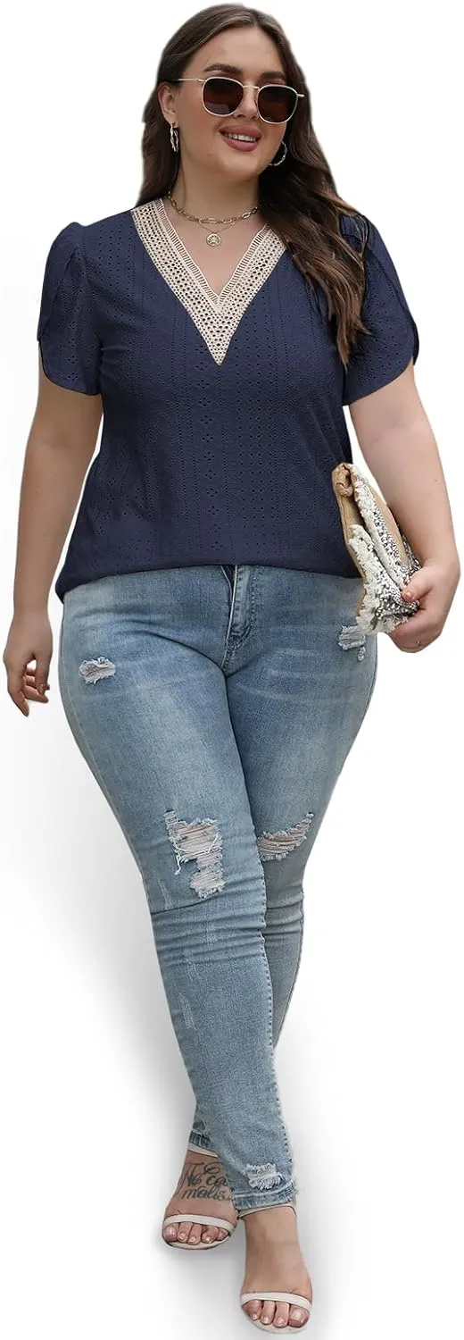 DOLNINE Women Plus Size Tops Summer Petal Short Sleeve Shirts Lace Trim V Neck Tunics Tee