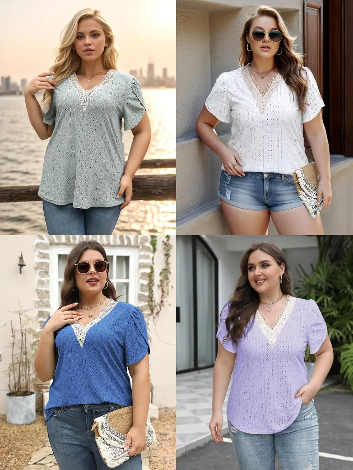 DOLNINE Women Plus Size Tops Summer Petal Short Sleeve Shirts Lace Trim V Neck Tunics Tee