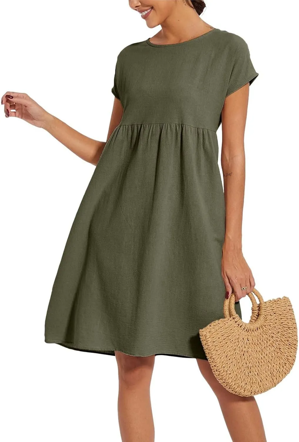 Dresses for Women 2024 Summer Casual Plus Size Short Sleeve Linen Midi Dress Trendy Loose Beach Sundress with Pockets