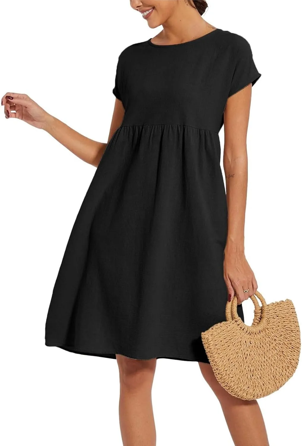 Dresses for Women 2024 Summer Casual Plus Size Short Sleeve Linen Midi Dress Trendy Loose Beach Sundress with Pockets