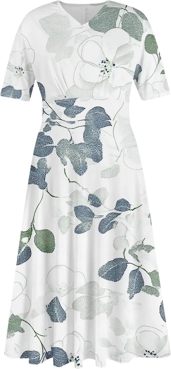 Dresses for Women Crewneck Printed Dresses Short Sleeve High Waist Dress Boho Vintage Midi Dress Trendy Flowy Dress