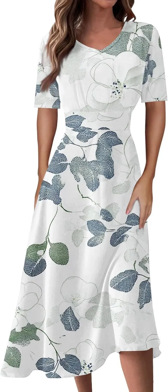 Dresses for Women Crewneck Printed Dresses Short Sleeve High Waist Dress Boho Vintage Midi Dress Trendy Flowy Dress