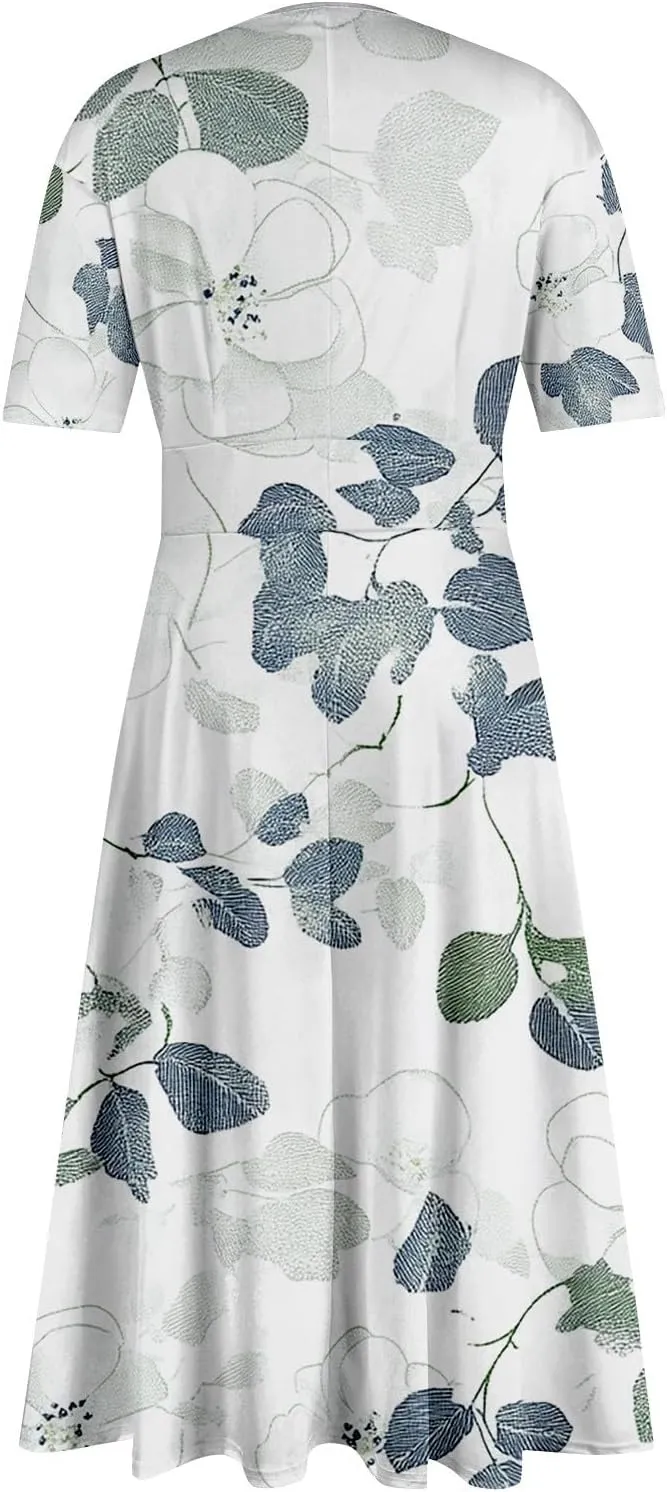 Dresses for Women Crewneck Printed Dresses Short Sleeve High Waist Dress Boho Vintage Midi Dress Trendy Flowy Dress