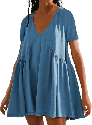 Dresses for Women Plus Size Casual Short Sleeve V Neck Mini Dress Summer Loose Fit Ruffle Hem Dresses 2025