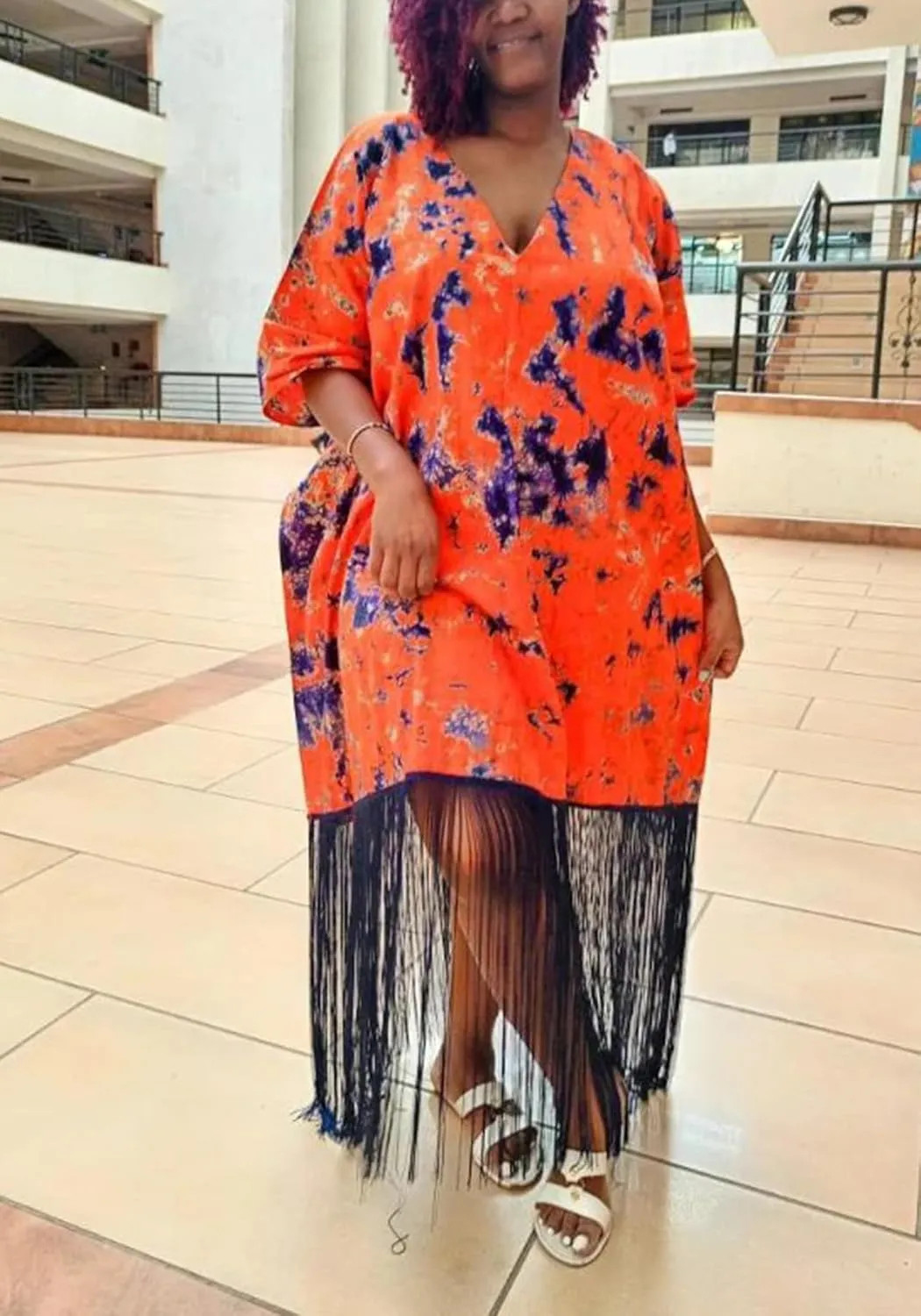 Ecirod Women Plus Size African Fringe Midi Dress Summer Casual Vacation V Neck Batwing Short Sleeve T Shirt Dresses