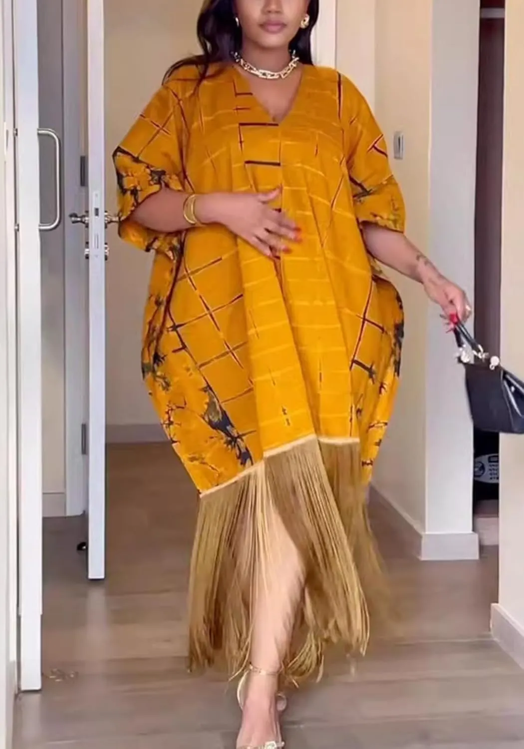 Ecirod Women Plus Size African Fringe Midi Dress Summer Casual Vacation V Neck Batwing Short Sleeve T Shirt Dresses
