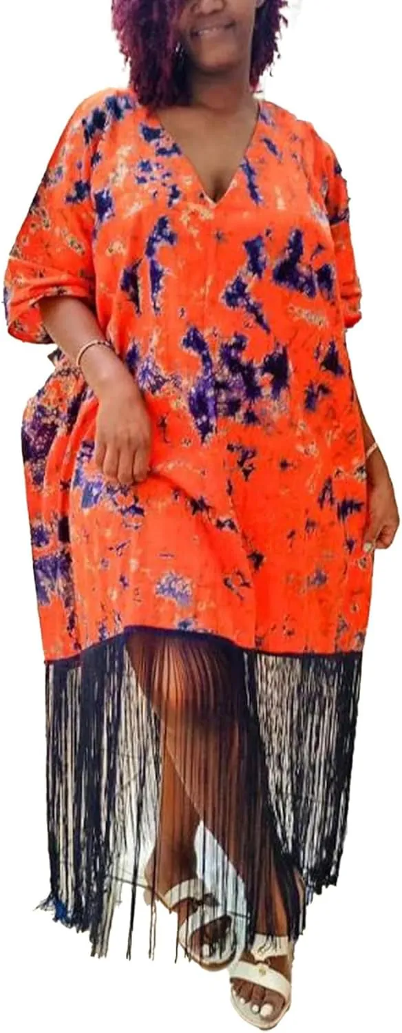 Ecirod Women Plus Size African Fringe Midi Dress Summer Casual Vacation V Neck Batwing Short Sleeve T Shirt Dresses
