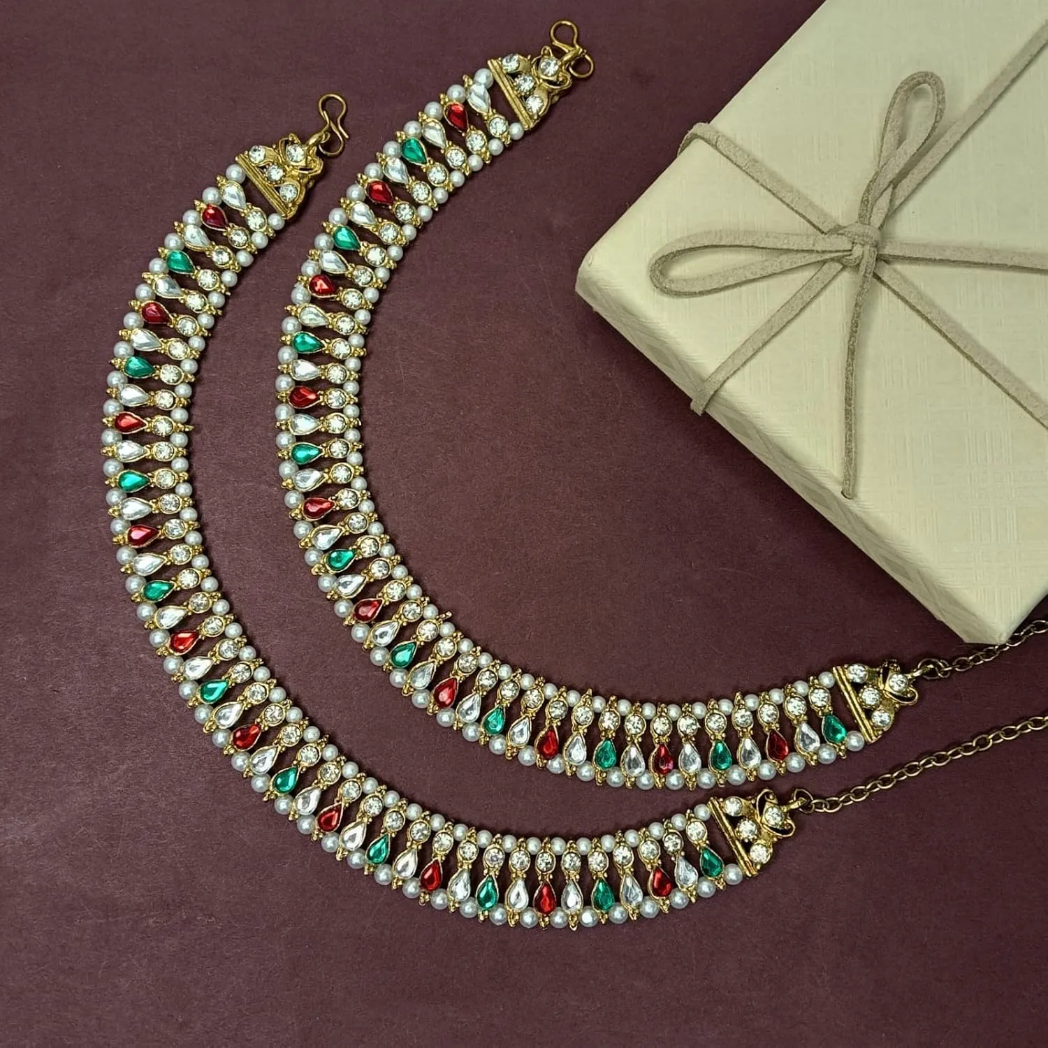 Efulgenz Indian Anklets for Women Crystal Bollywood Faux Pearl Bridal Anklet Set Indian Payal Ankle Bracelets Jewelry for Women