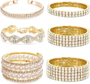 EIELO 6 Pcs Rhinestone Stretch Bracelet for Women Sparkly Clear Crystal Wedding Bridal Bridesmaid Stretch Bracelet Jewelry Stackable Elastic Pearl Multilayer Strand Link Tennis Bracelets Set