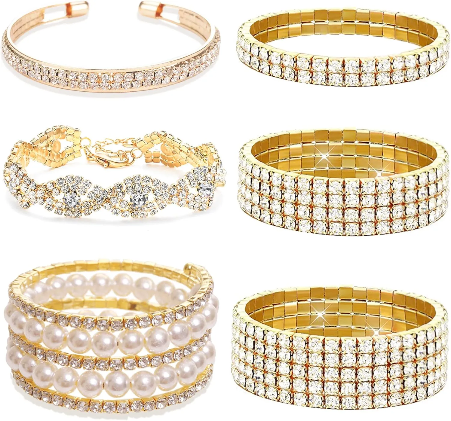 EIELO 6 Pcs Rhinestone Stretch Bracelet for Women Sparkly Clear Crystal Wedding Bridal Bridesmaid Stretch Bracelet Jewelry Stackable Elastic Pearl Multilayer Strand Link Tennis Bracelets Set