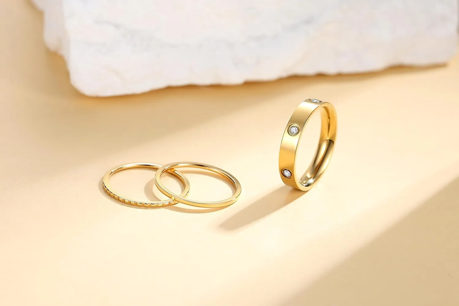 Elegant 3PCS Cubic Zirconia Stackable Love Rings for Women, Gold Silver Plated 316L Stainless Steel Hypoallergenic Jewelry, Easter Anniversary Birthday Gifts for Mom friends Sister