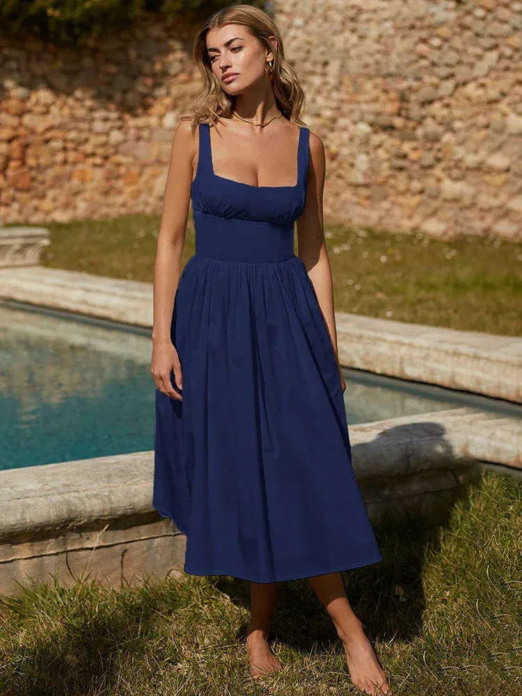 Elegant A-line Spaghetti Strap Nightclub Summer Square Neck Backless Long Midi Dress