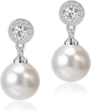 Elegant Diamond Pearl Drop Earrings 925 Sterling Silver Post Cubic Zirconia Crystal Dangle Pearl Earrings for Brides Bridesmaids Wedding Party Everyday Wear