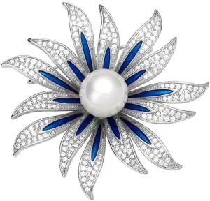 Elegant Sunflower CZ White Pearl Blue Enamel Brooch Lapel Pins for Women Dainty Sparkly Crystal Flower Brooches Pin Fashion Jewelry for Party Banquet Dress Suit Ceremony Clothes Accessories Gifts for Her Thanksgiving