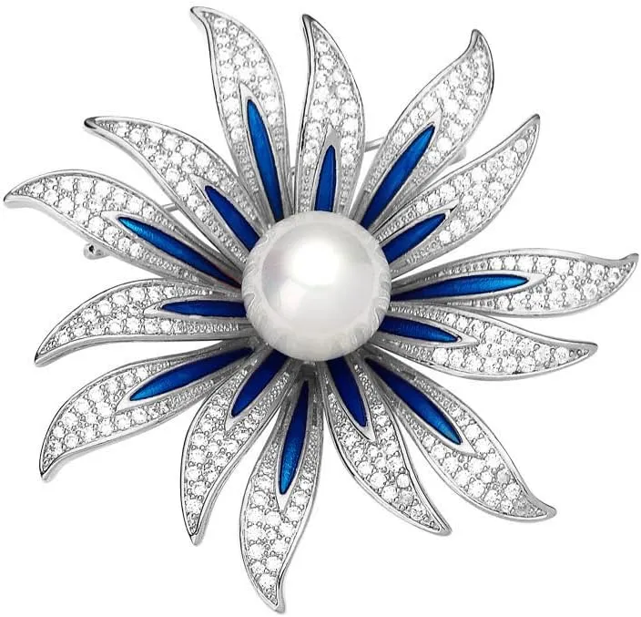Elegant Sunflower CZ White Pearl Blue Enamel Brooch Lapel Pins for Women Dainty Sparkly Crystal Flower Brooches Pin Fashion Jewelry for Party Banquet Dress Suit Ceremony Clothes Accessories Gifts for Her Thanksgiving