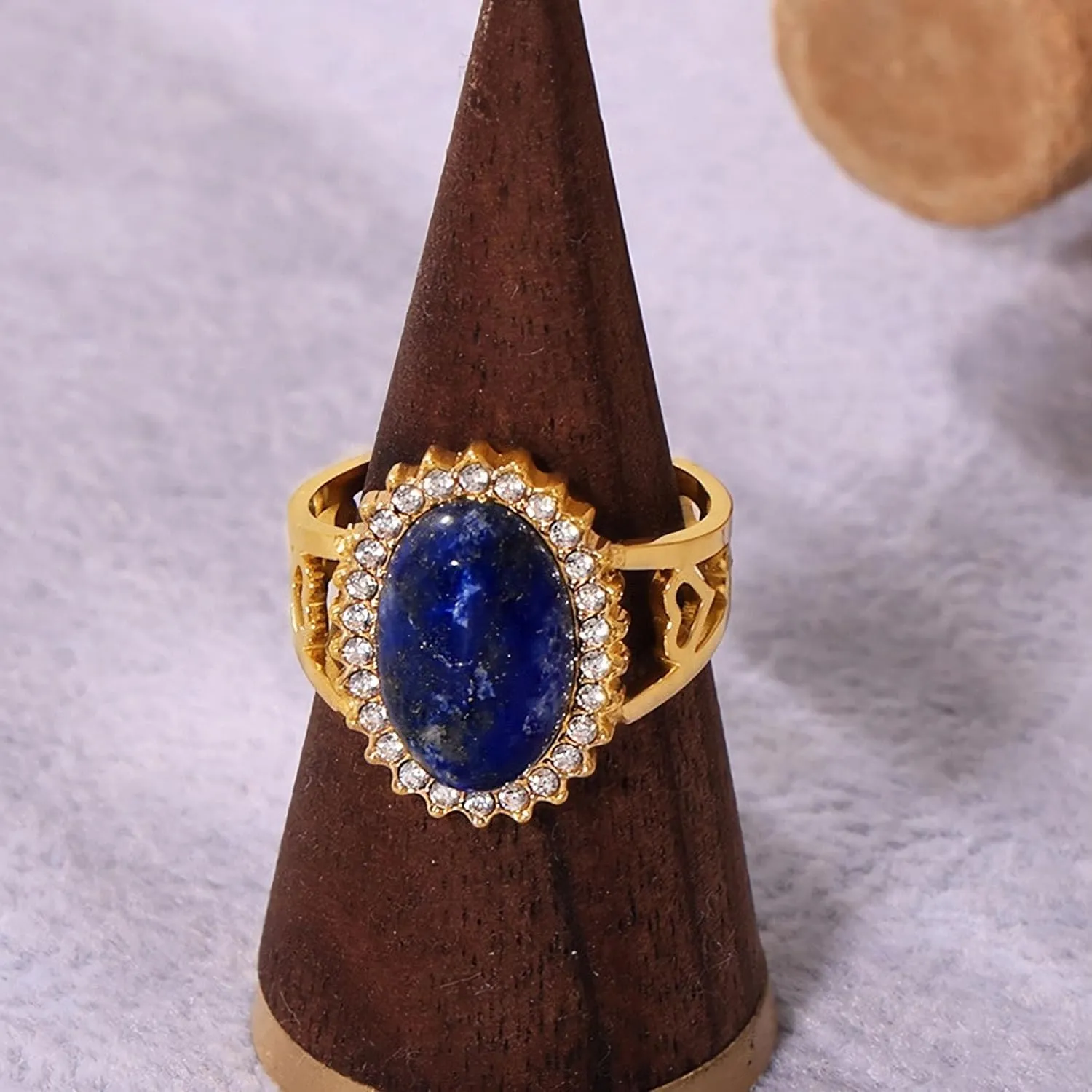 Elegant Tiger Eye 3A Zircon Statement Ring, Natural Stone 18K Gold Plated Stainless Steel Adjustable Band Ring,Bold Vintage Style Cocktail Jewelry for Women