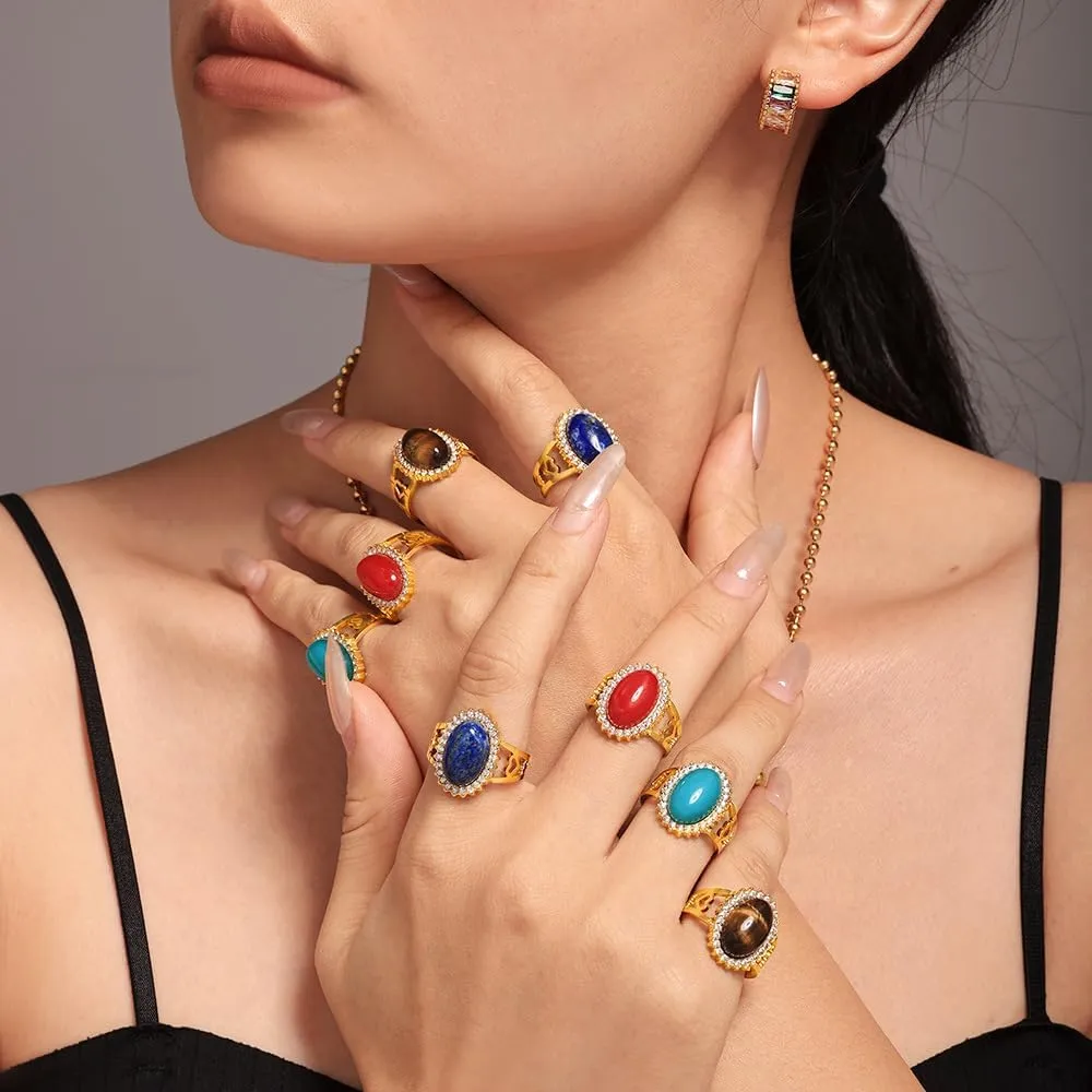 Elegant Tiger Eye 3A Zircon Statement Ring, Natural Stone 18K Gold Plated Stainless Steel Adjustable Band Ring,Bold Vintage Style Cocktail Jewelry for Women