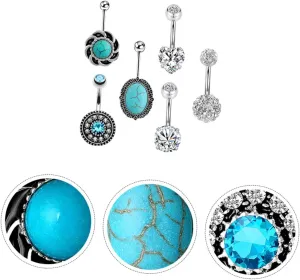 Elegant Zircon Turquoise Navel Rings Set 6pcs Belly Jewelry Fashionable Piercing Ornaments for Women