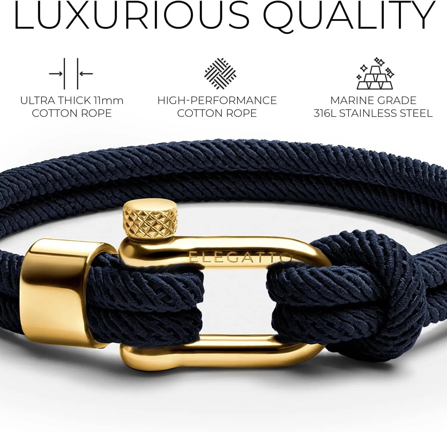 Elegatto Alchor Platinum Rope Bracelet for Men | Premium Nylon Marine Cord with Silver Polished Stainless Steel Shackle Closure | Waterproof and Fade-Resistant | Mens Designer Bracelets