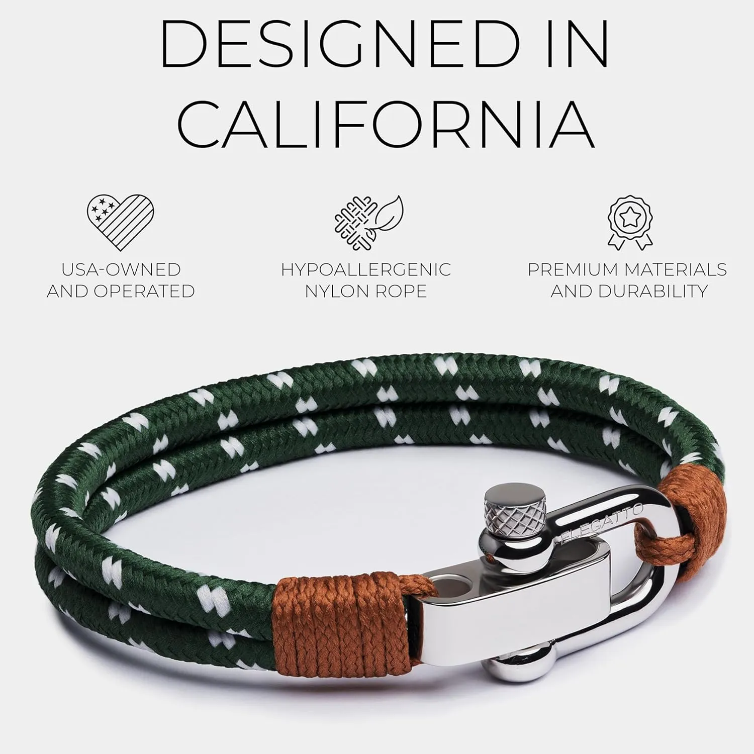 Elegatto Duetto Platinum Rope Bracelet for Men | Double Nautical Nylon Cord with Silver Polished Stainless Steel Shackle Clasp | Waterproof and Fade-Resistant