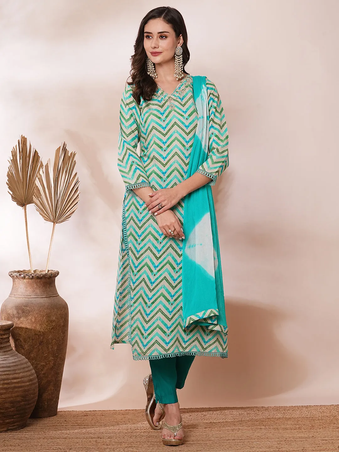 Ethnic Chevron Printed & Embroidered Straight Kurta with Pant & Dupatta - Multi