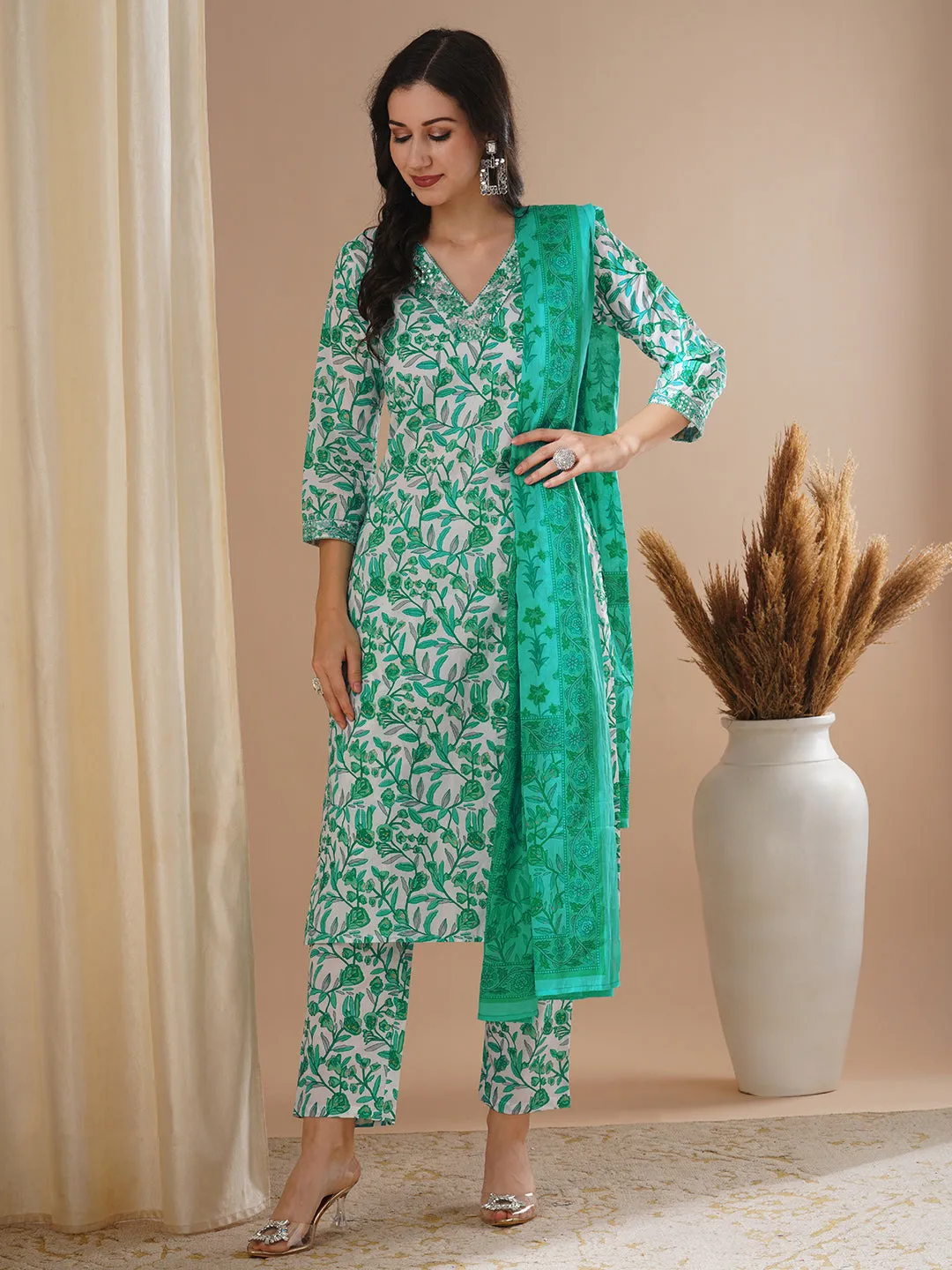 Ethnic Floral Foil Printed & Embroidered Straight Kurta with Pant & Dupatta - Green