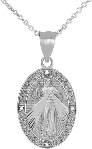Exquisite 925 Sterling Silver Oval Divine Mercy Of Jesus Medal CZ Pendant Necklace