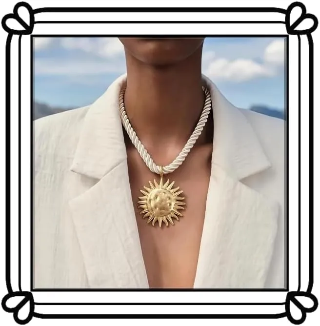 Exquisite Gold Sun Pendant Beige Rope Necklace - Retro Round Coin Necklace - Ladies