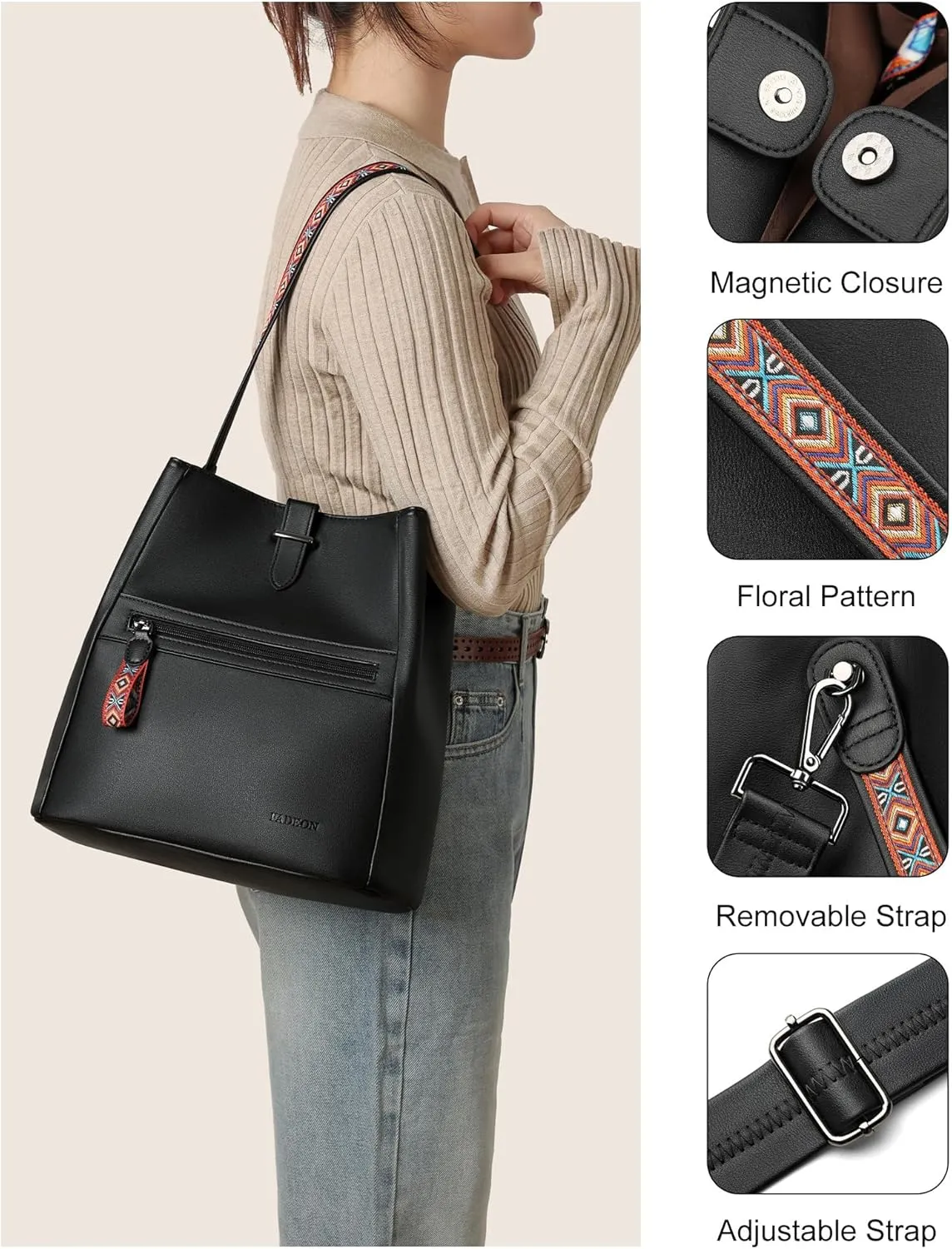 FADEON Bucket Bag for Women Purses and Handbags Designer Hobo Bags for Women Crossbody PU Leather Shoulder Bag Trendy Black